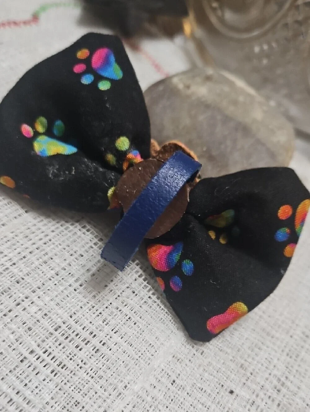 Handmade Black Dog Collar Bow Tie Neon Paw Prints Black Button NEW